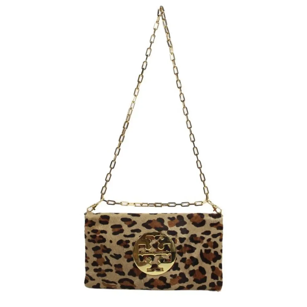 Tory Burch Womens Animal Print Gold Tone Medallion Shoulder Handbag Brown Black